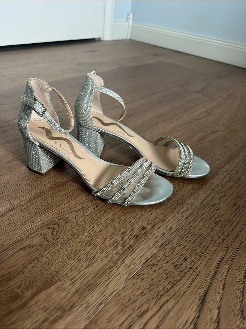 Silver Ankle-Strap Block Heel Sandals